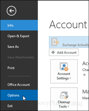 opções da faixa de opções do arquivo do Outlook