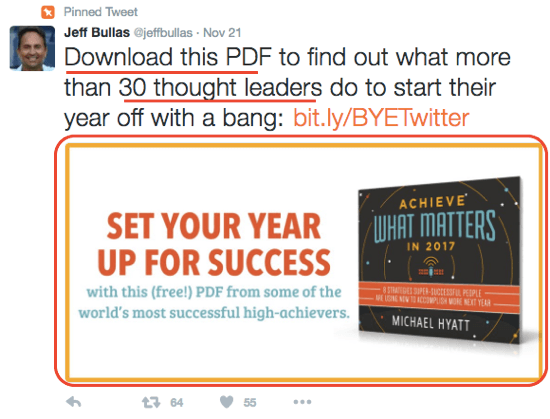 Jeff Bullas usa uma imagem envolvente do Twitter para incentivar o download de seu e-book.