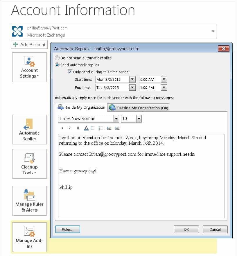 Habilitar respostas automáticas com o Assistente do Office no Outlook 2010 e 2013