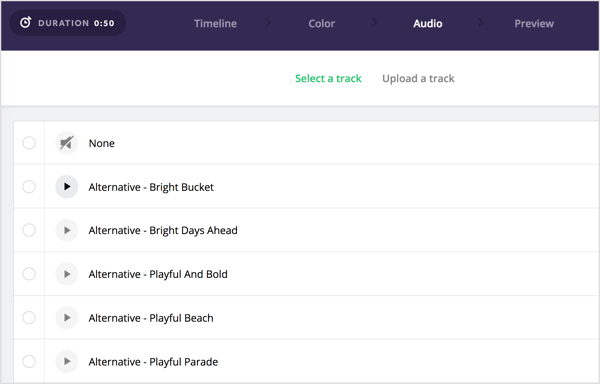 Selecione uma trilha de áudio para adicionar ao seu vídeo Biteable.