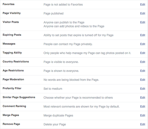configurações gerais das páginas do facebook