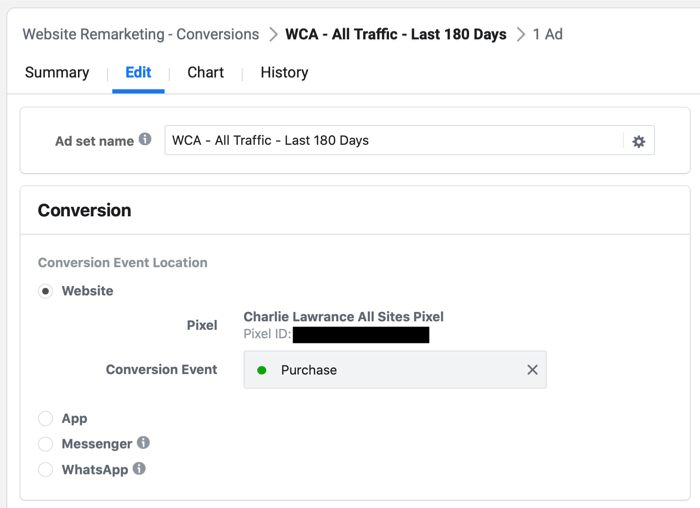 selecione Compra ou Evento de lead no Facebook Ads Manager durante a configuração da campanha de remarketing