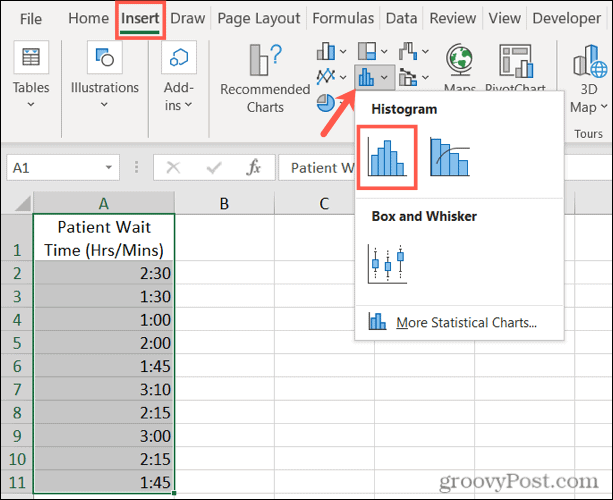 Insira um histograma no Excel
