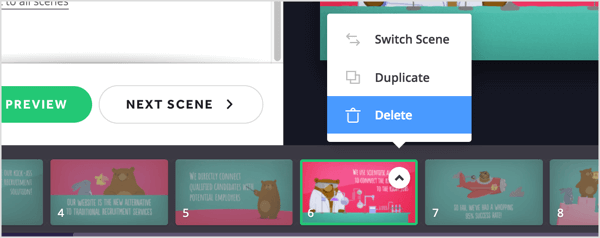 Clique no botão de seta da cena que deseja remover e escolha Excluir no menu pop-up.