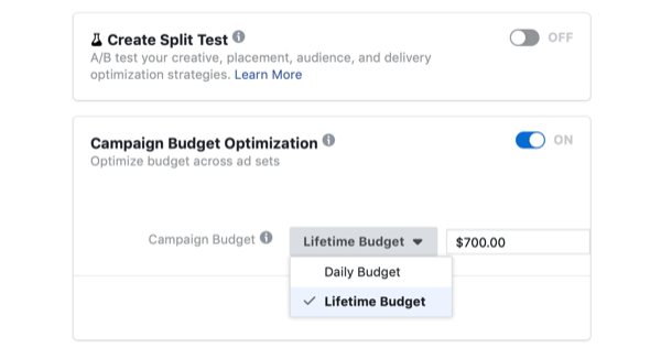 selecionando Otimização de orçamento de campanha e orçamento vitalício para campanha do Facebook no dia da venda rápida