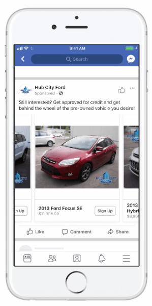 O Facebook introduziu anúncios dinâmicos que permitem às empresas automotivas usar seu catálogo de veículos para aumentar a relevância de seus anúncios.