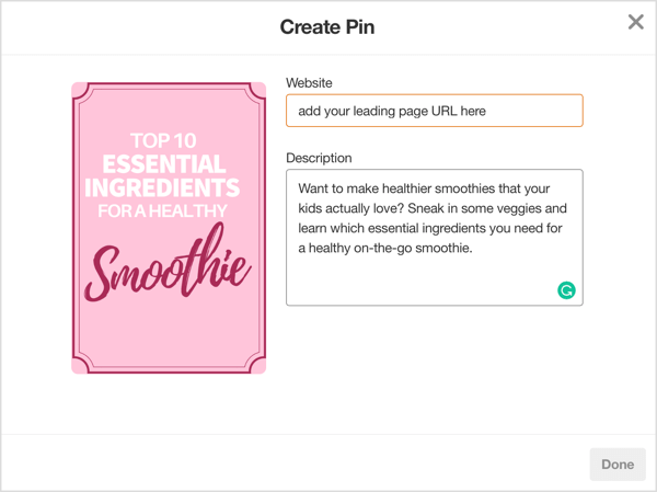 Em vez de criar um link para uma postagem de blog que tenha seu opt-in gratuito, crie um link direto para sua página de destino em seu pin do Pinterest.