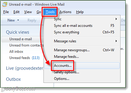 contas de ferramentas do Windows Live Mail