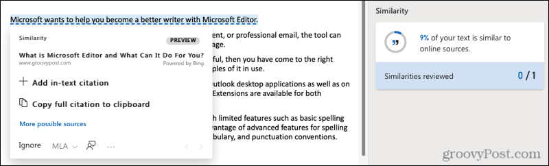 Semelhança do Microsoft Editor com a web