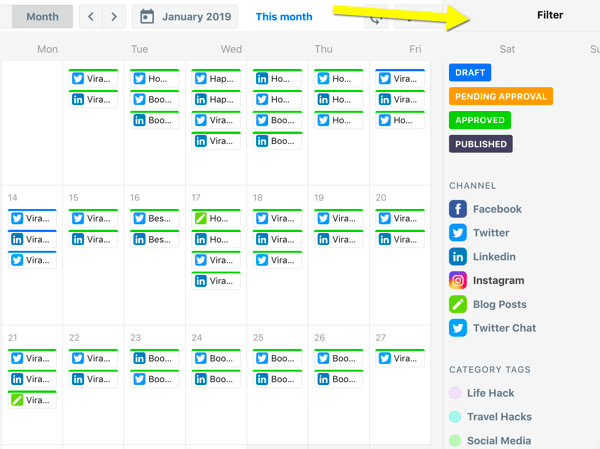 Como organizar tarefas de marketing de mídia social, visão geral do calendário ContentCal com filtros