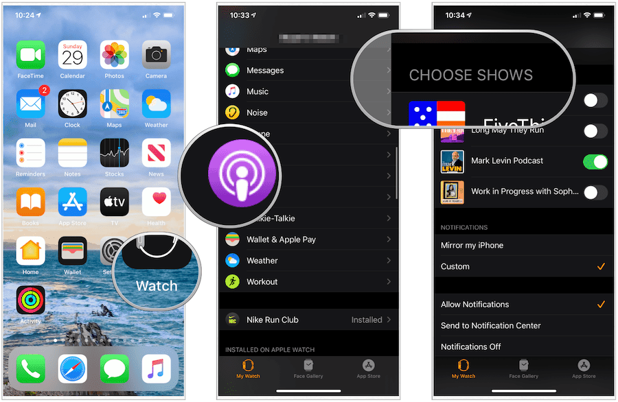 escolha podcasts no Apple Watch