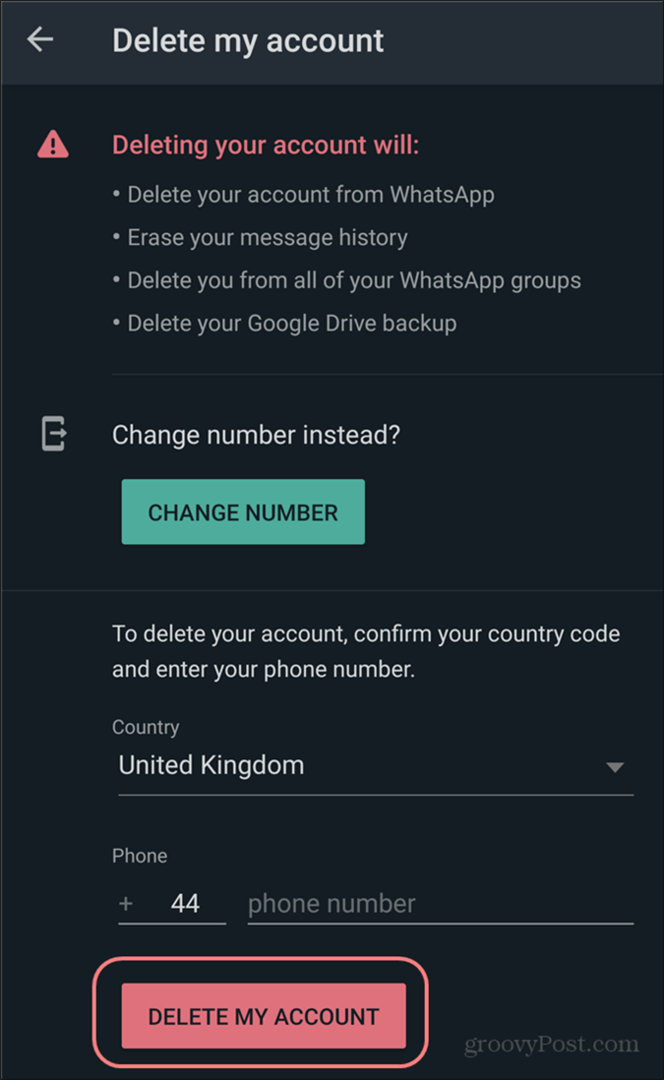 Excluir configurações da conta WhatsApp e confirmar deletin