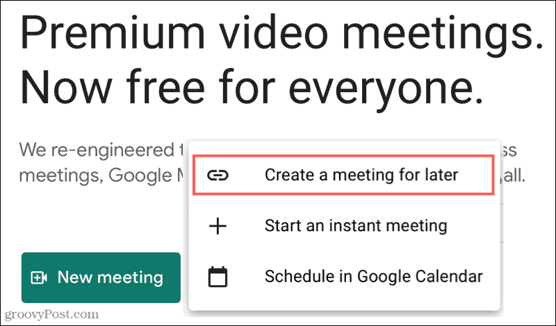 Nova reunião, crie uma reunião para mais tarde