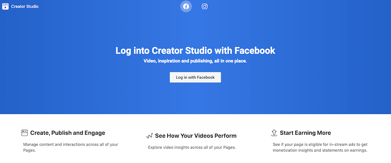 Página de login do Facebook Creator Studio