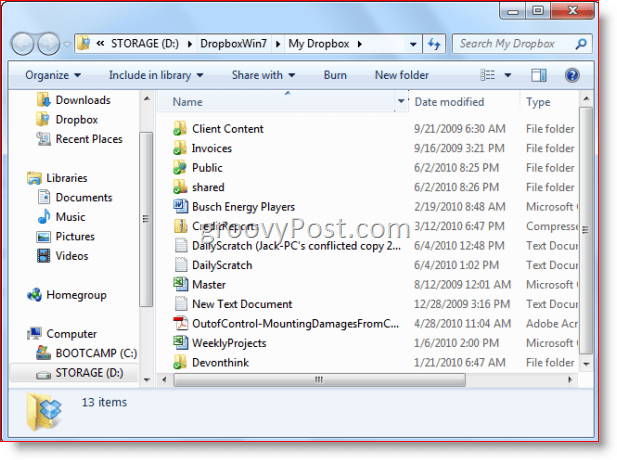 Pasta Dropbox do Windows Explorer para Windows 7