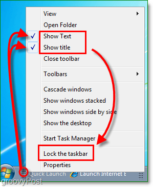 desativar o texto e o título do quicklaunch no Windows 7, bloquear a barra de tarefas