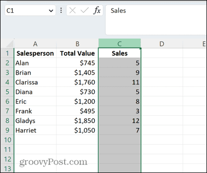 coluna selecionada do excel