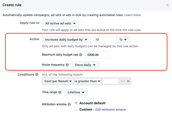 Use as regras automatizadas do Facebook, aumente o orçamento quando o ROAS for maior que 2, etapa 2, configurações de ação