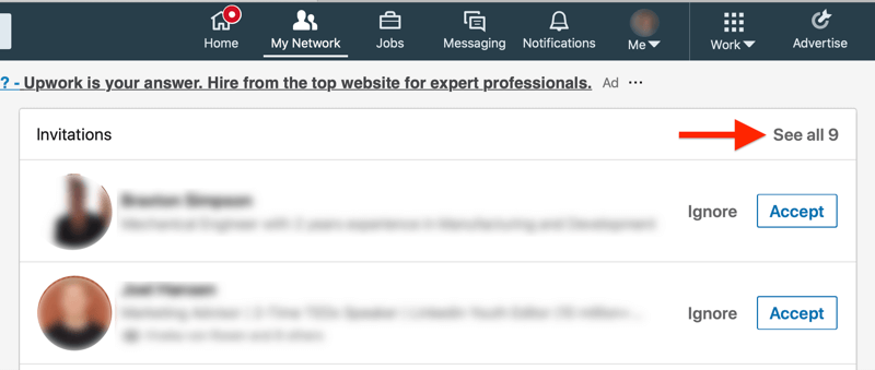 LinkedIn minha página de convites da guia de rede com a opção ver todos destacada