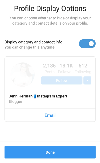 Seleção e exibição da categoria de perfil do Instagram Creator.