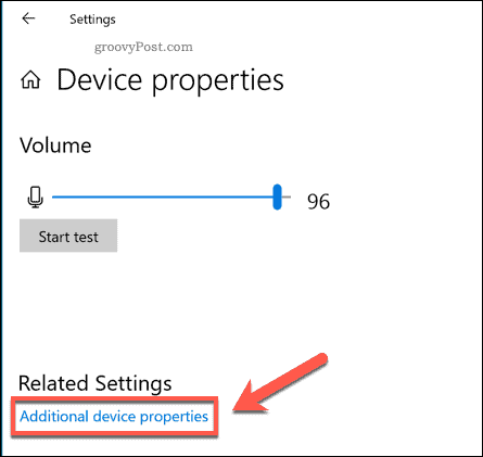Opção de propriedades de dispositivos adicionais das configurações do Windows