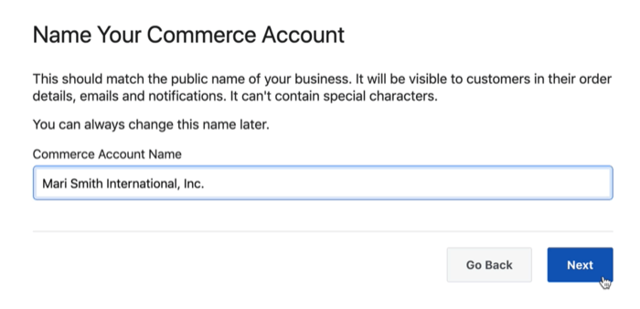 opção da caixa de diálogo para nomear sua conta de comércio do Facebook