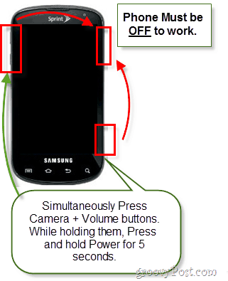 mantenha pressionado o botão liga / desliga, volume e câmera para iniciar o modo de recuperação do Android