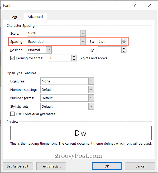 Expanda o espaçamento de caracteres no Word no Windows