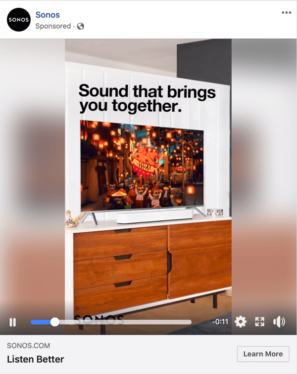 Exemplo de um anúncio de vídeo do Facebook da Sonos.