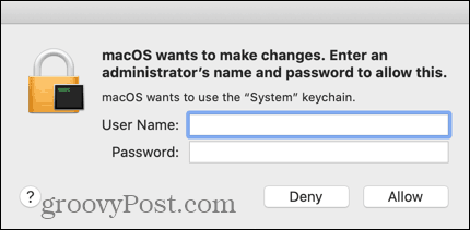 Digite as credenciais para sua conta administrativa do Mac