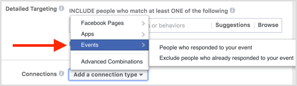 As conexões de segmentação de anúncios do Facebook incluem excluir pessoas que responderam ao evento