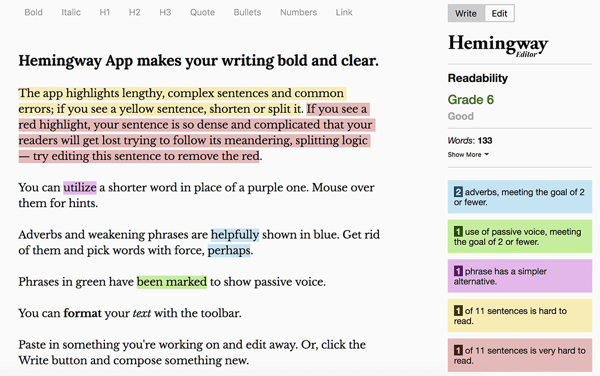 Como escrever e estruturar postagens patrocinadas pelo Facebook em formato de texto mais longo, práticas recomendadas, aplicativo Hemingway