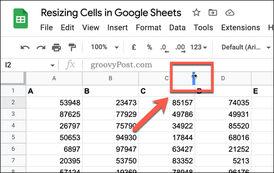 O cursor de coluna ou linha de redimensionamento no Planilhas Google