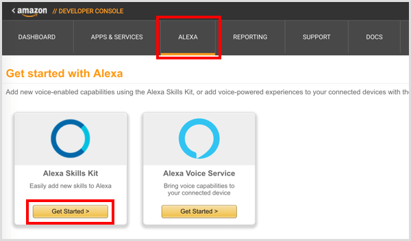 Clique no botão Get Started em Alexa Skills Kit.