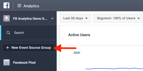 Crie grupos de origem de eventos a partir do seu painel do Facebook Analytics.