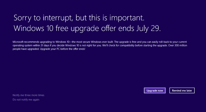 Microsoft publica notificação de oferta de atualização gratuita no final do Windows 10