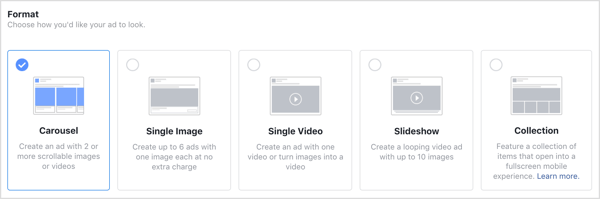 Opções de formato para anúncios do Facebook
