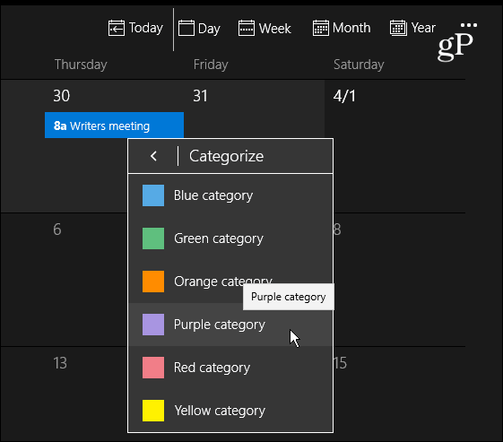 Calendário de categorias de cores