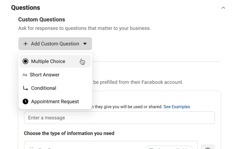 anúncios de leads do Facebook criam nova opção de formulário de lead para adicionar menu de perguntas personalizadas com opções de múltipla escolha, resposta curta, condicional ou solicitação de agendamento