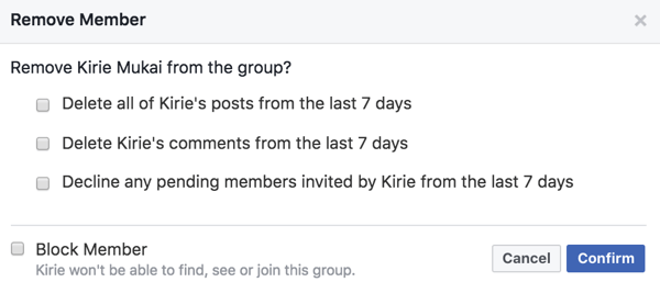 Você pode excluir as postagens, comentários e convites dos membros ao removê-los de seu grupo do Facebook.