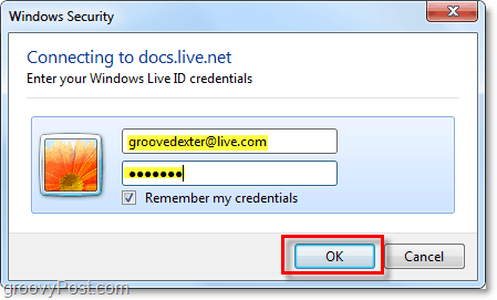 digite seu nome de usuário e senha da conta do Windows Live no microsoft office 2010