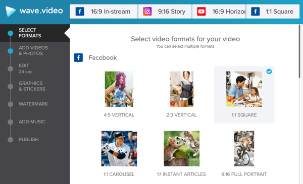 Desenvolva uma estratégia de vídeo social, crie vídeo com Wave.video, opções de modelo do Facebook.