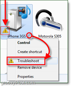 clique com o botão direito do mouse no dispositivo bluetooth e clique em solucionar problemas, observe o ícone de solução de problemas representado por um ponto de exclamação laranja