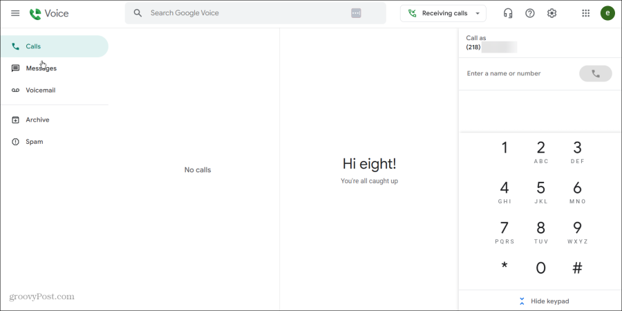 interface web do Google Voice