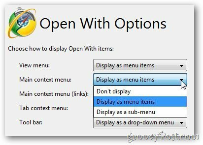 Abrir com opções - menu de contexto principal