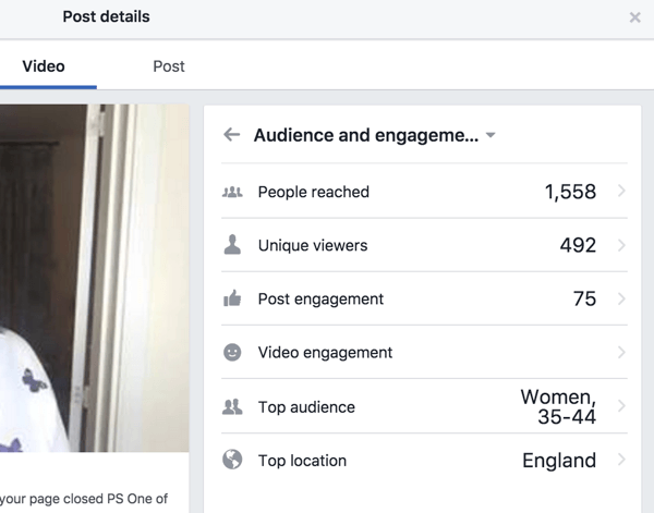 O Facebook mostra estatísticas de envolvimento separadas para a postagem e o vídeo.