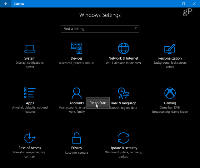 Categorias de configurações do Windows 10