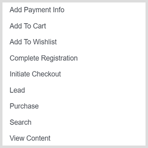 As opções de conversão personalizadas de anúncios do Facebook incluem adicionar informações de pagamento, adicionar ao carrinho, adicionar à lista de desejos, completar o registro, iniciar o checkout, conduzir, comprar, pesquisar, visualizar o conteúdo.