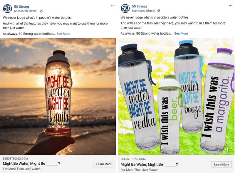 dois anúncios do Facebook com imagens diferentes para testar com os experimentos do Facebook