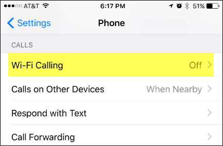 Chamada WiFi no menu Configurações do iPhone